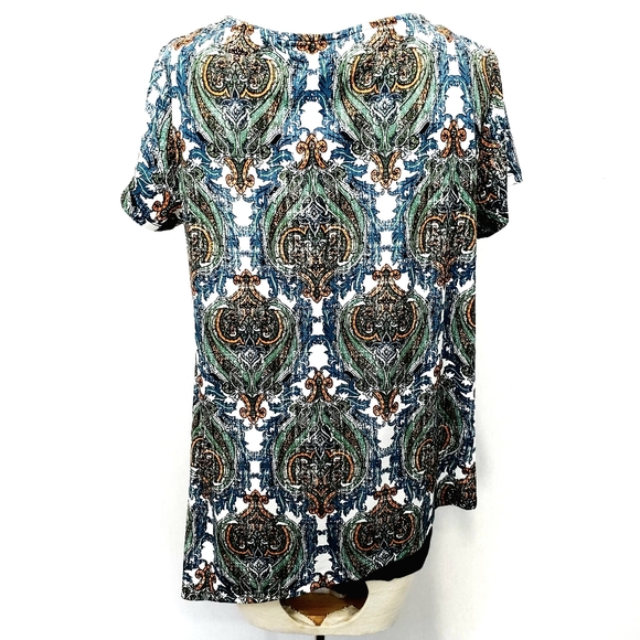 AB Studio Asymmetric Print Scoop Neck Short Sleeve Top Blouse Shirt Size L EUC - Picture 12 of 15